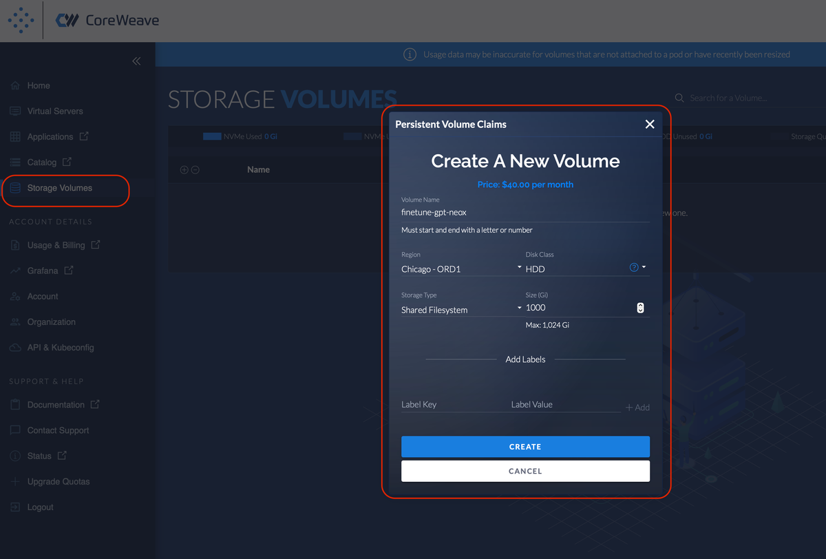 Navigate to the Storage Volumes page, then click 